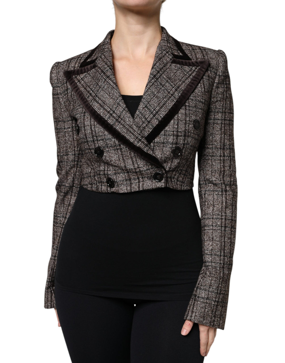 Dolce & Gabbana Brown Plaid Long Sleeve Cropped Coat