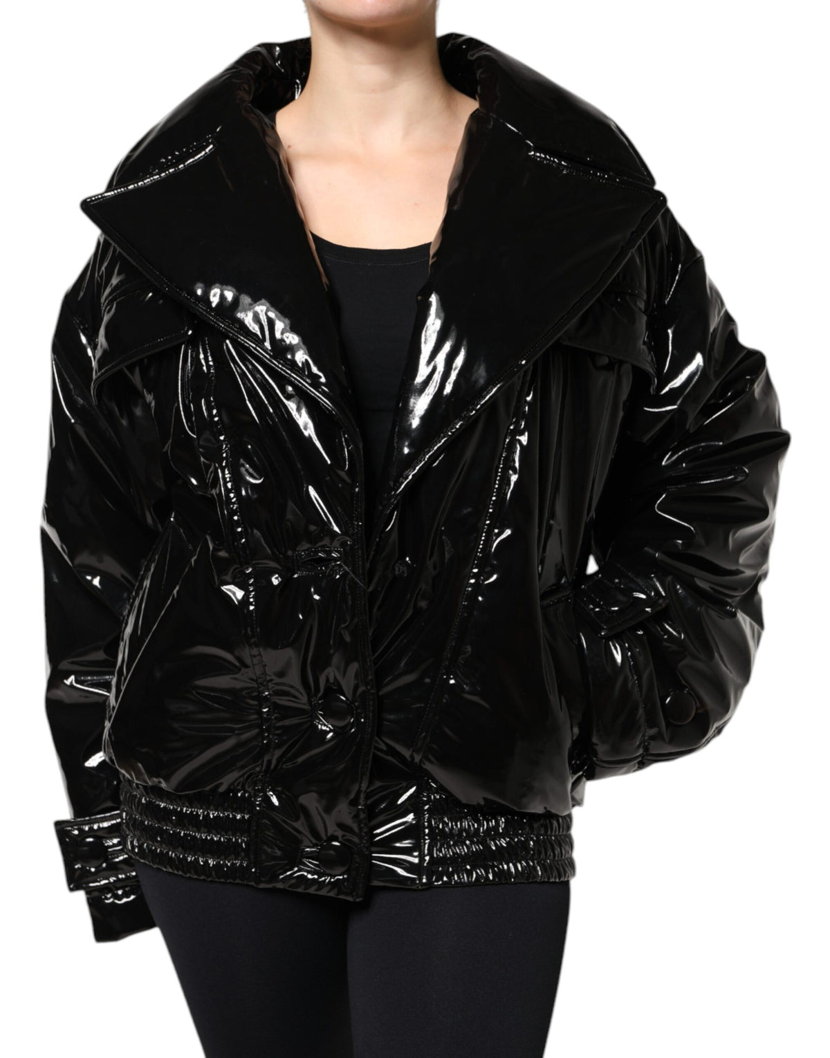 Dolce & Gabbana Black High-Shine Button-Down Blouson Jacket – Sleek Italian Luxury