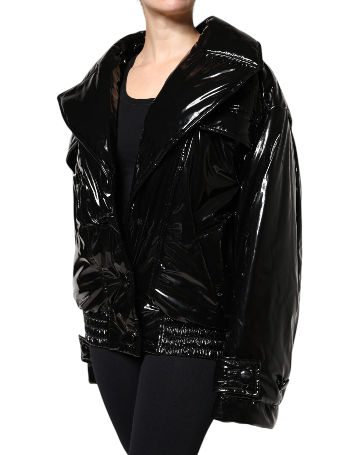 Dolce & Gabbana Black High-Shine Button-Down Blouson Jacket – Sleek Italian Luxury