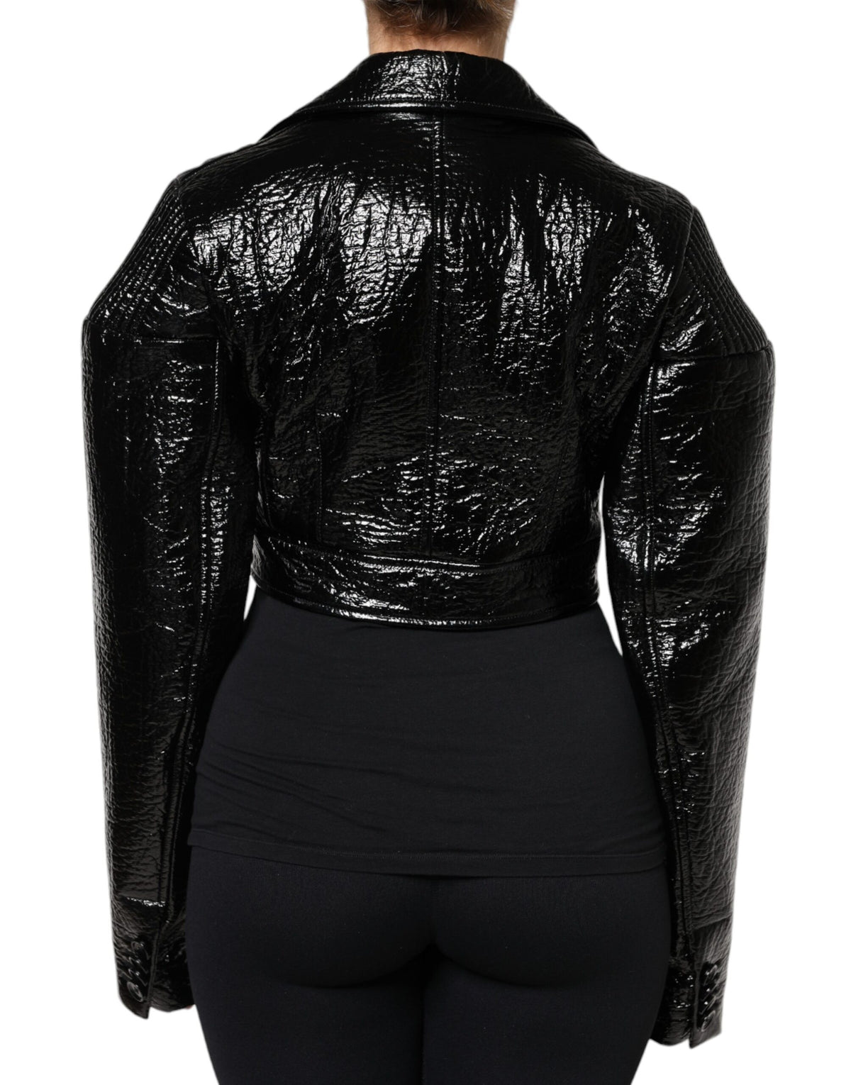 Dolce & Gabbana Black Leather Cropped Jacket with Pointed Collar