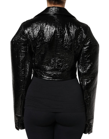 Dolce & Gabbana Black Leather Cropped Jacket with Pointed Collar