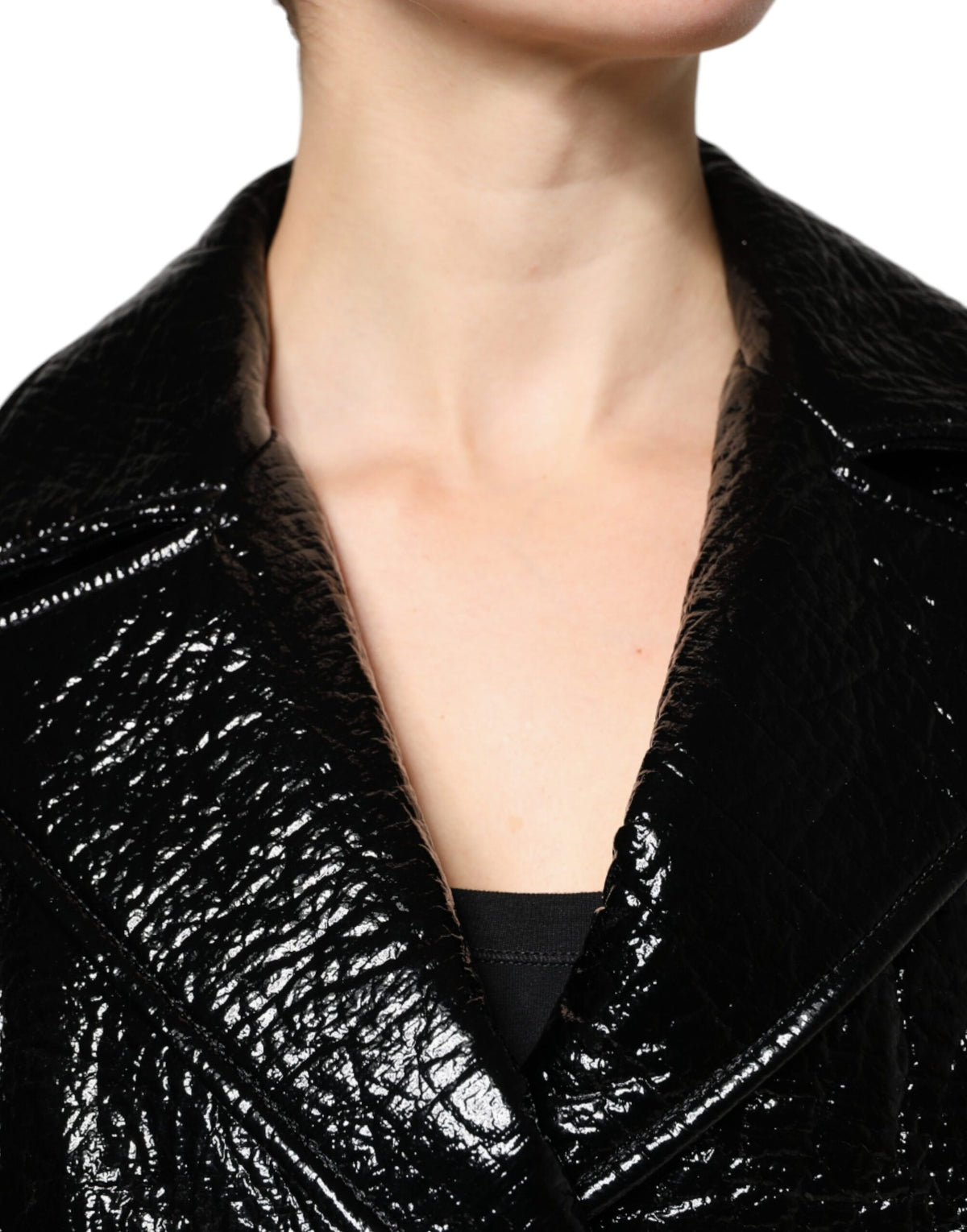 Dolce & Gabbana Black Leather Cropped Jacket with Pointed Collar