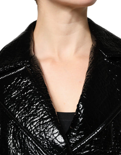 Dolce & Gabbana Black Leather Cropped Jacket with Pointed Collar