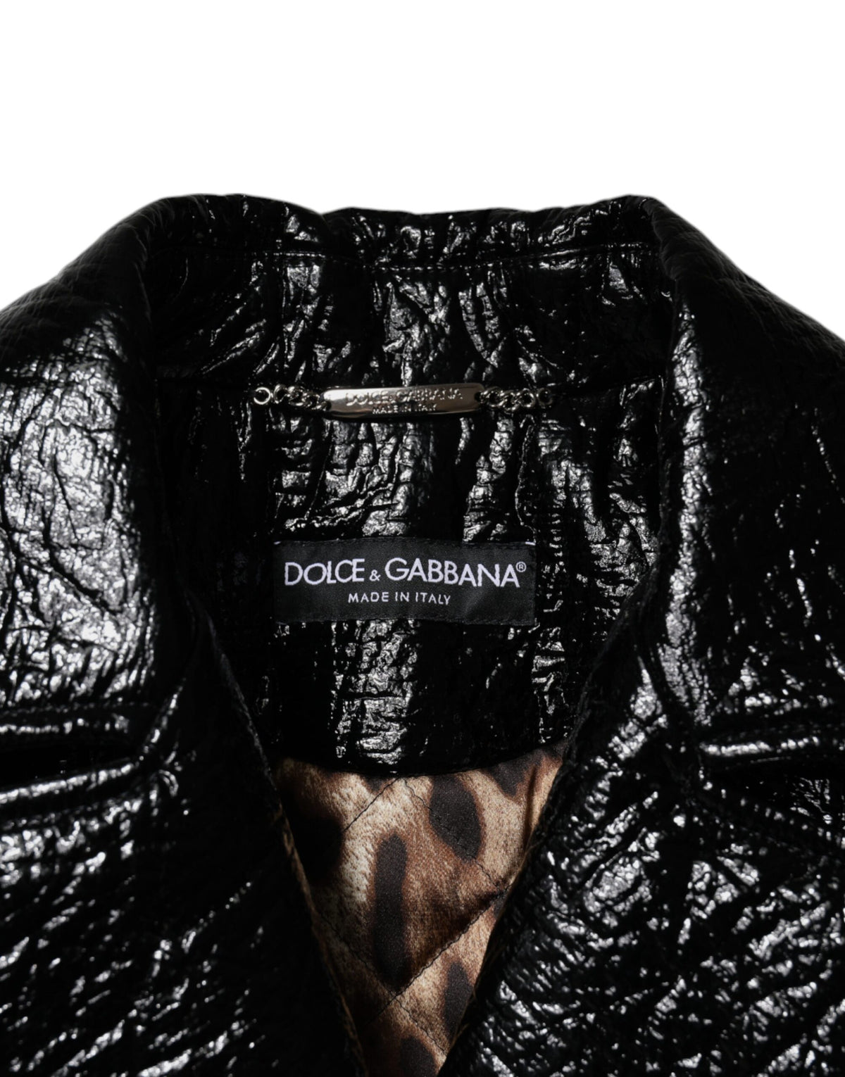 Dolce & Gabbana Black Leather Cropped Jacket with Pointed Collar