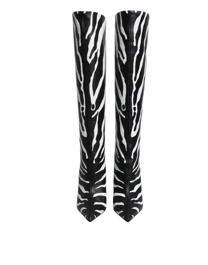 Dolce & Gabbana Black & White Zebra Print Knee-High Leather Boots – Made in Italy