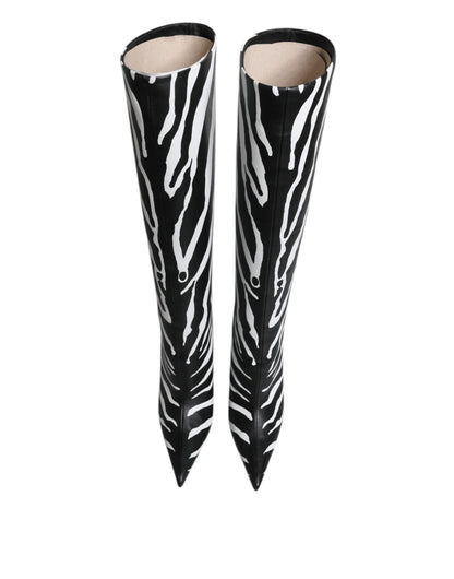 Dolce & Gabbana Black & White Zebra Print Knee-High Leather Boots – Made in Italy