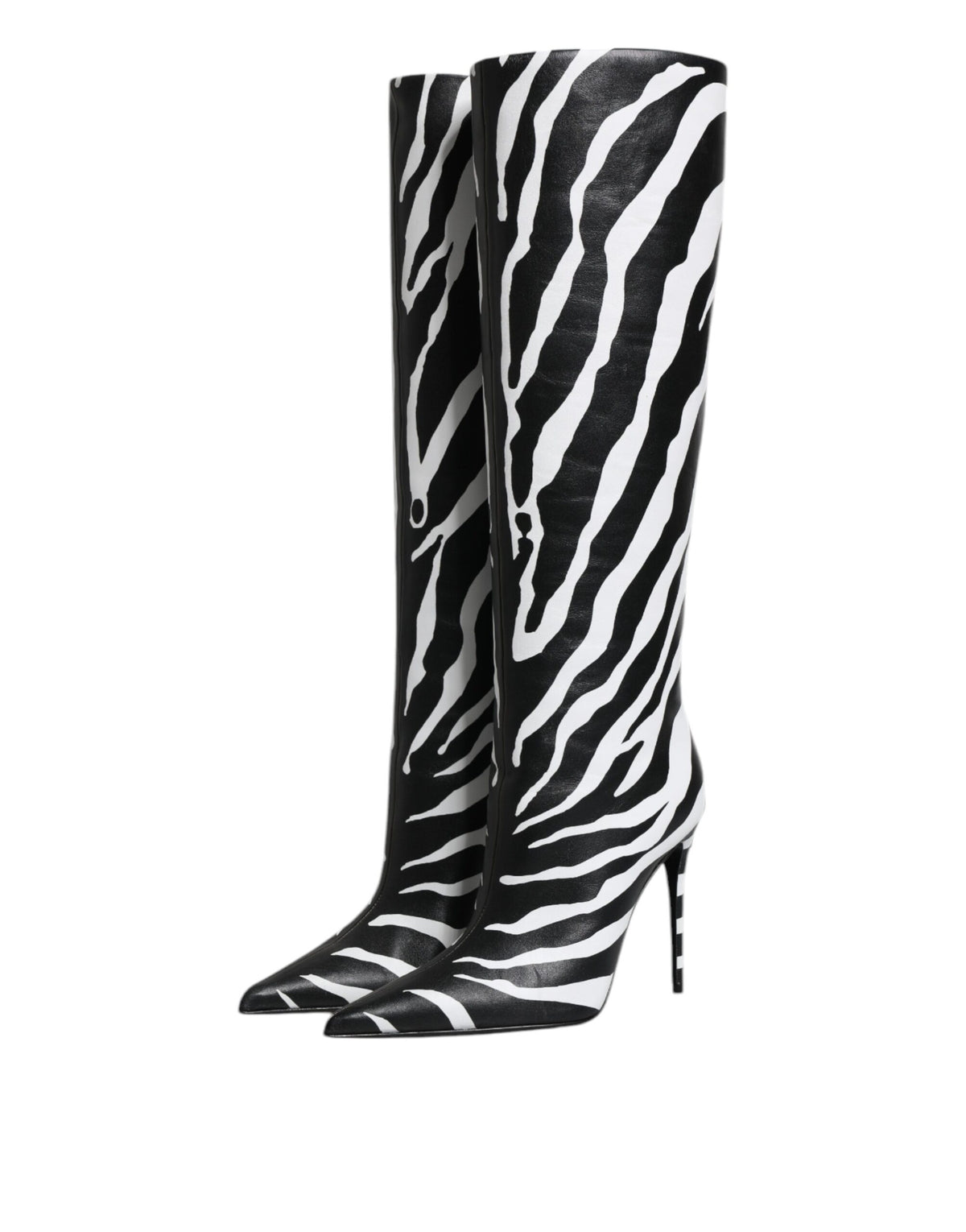 Dolce & Gabbana Black & White Zebra Print Knee-High Leather Boots – Made in Italy
