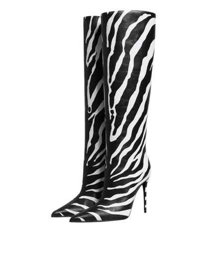 Dolce & Gabbana Black & White Zebra Print Knee-High Leather Boots – Made in Italy