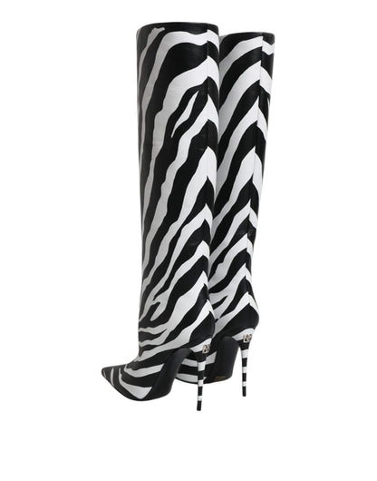 Dolce & Gabbana Black & White Zebra Print Knee-High Leather Boots – Made in Italy