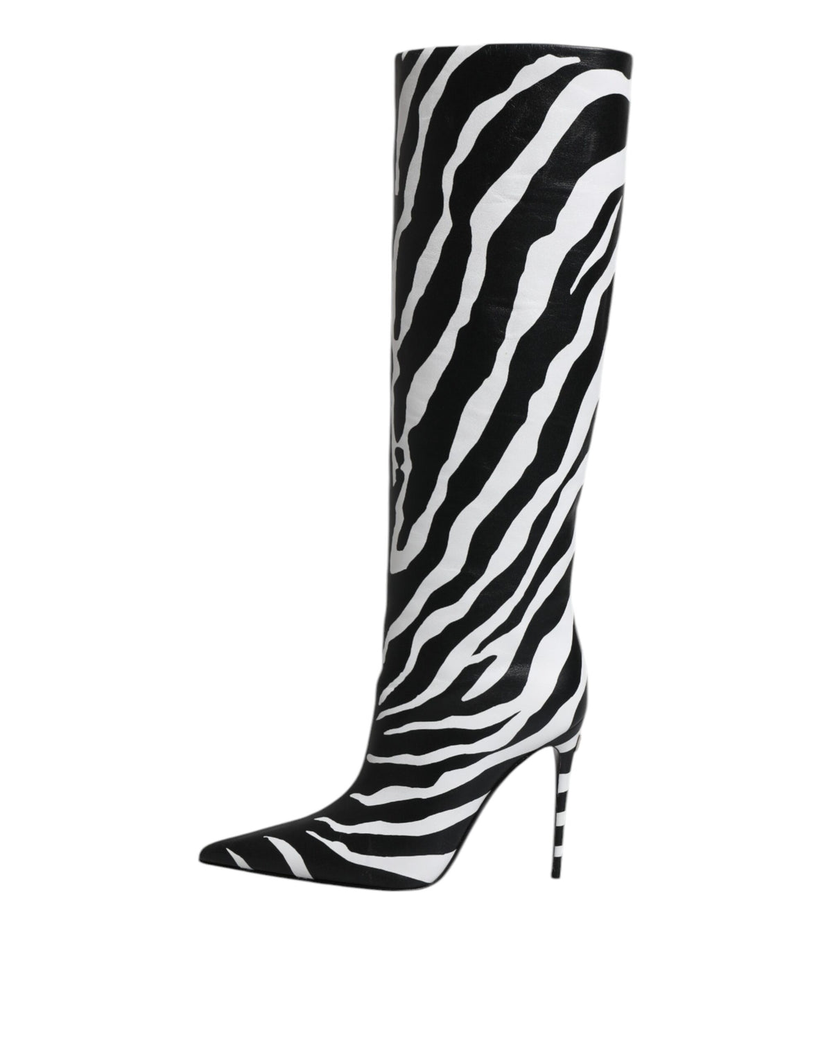 Dolce & Gabbana Black & White Zebra Print Knee-High Leather Boots – Made in Italy