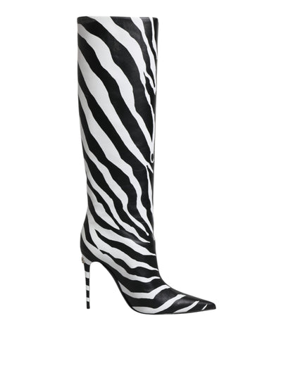 Dolce & Gabbana Black & White Zebra Print Knee-High Leather Boots – Made in Italy