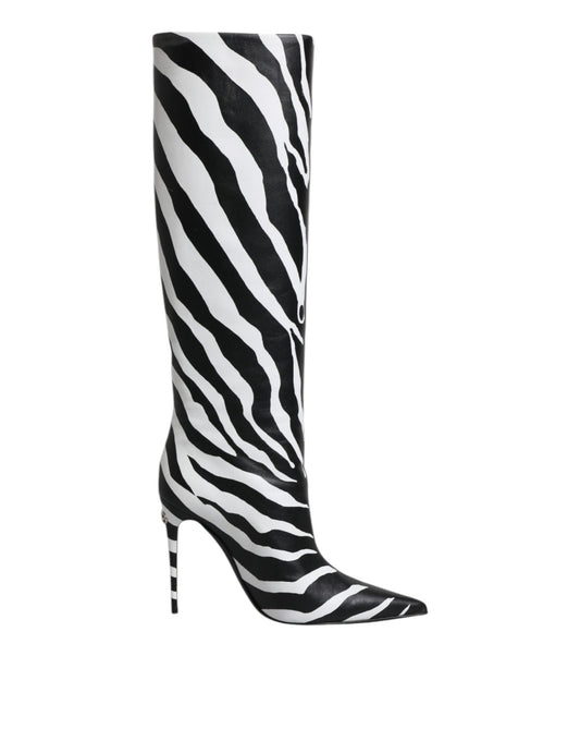 Dolce & Gabbana Black & White Zebra Print Knee-High Leather Boots – Made in Italy