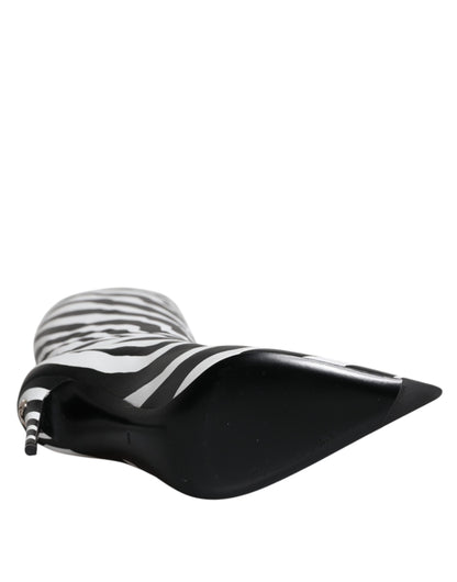 Dolce & Gabbana Black & White Zebra Print Knee-High Leather Boots – Made in Italy