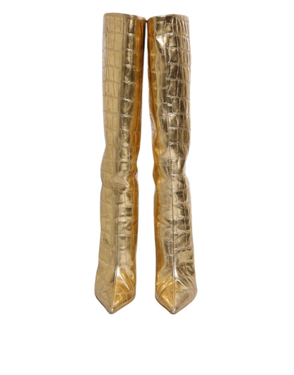 Dolce & Gabbana Gold Leather Knee-High Stiletto Boots – Bold Luxury Statement