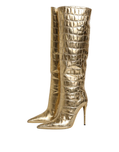 Dolce & Gabbana Gold Leather Knee-High Stiletto Boots – Bold Luxury Statement