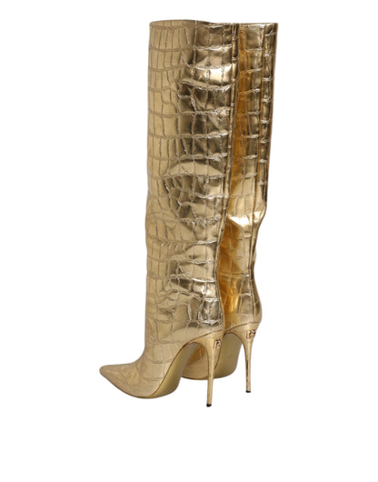 Dolce & Gabbana Gold Leather Knee-High Stiletto Boots – Bold Luxury Statement