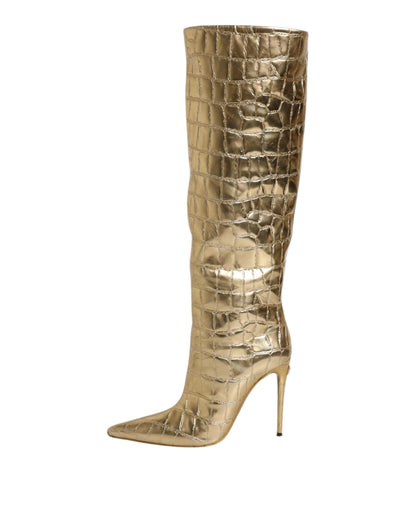 Dolce & Gabbana Gold Leather Knee-High Stiletto Boots – Bold Luxury Statement