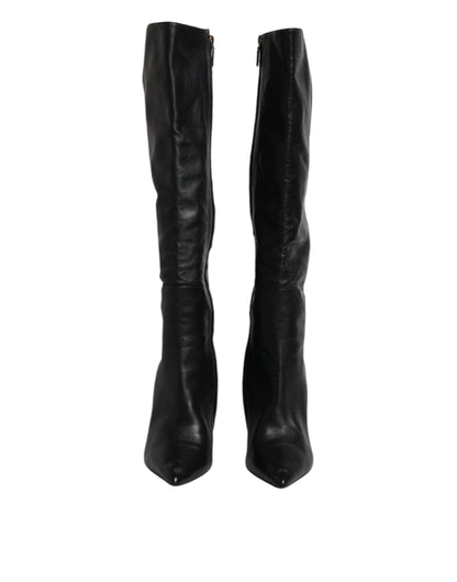 Dolce & Gabbana Black Leather Heels Knee-High Boots – Luxury Designer Footwear