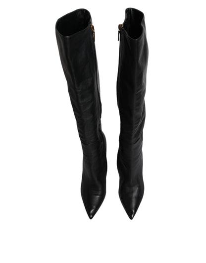 Dolce & Gabbana Black Leather Heels Knee-High Boots – Luxury Designer Footwear