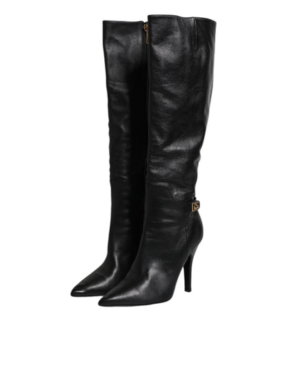 Dolce & Gabbana Black Leather Heels Knee-High Boots – Luxury Designer Footwear