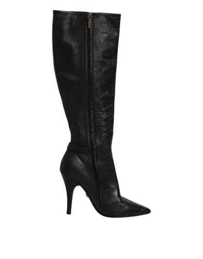 Dolce & Gabbana Black Leather Heels Knee-High Boots – Luxury Designer Footwear