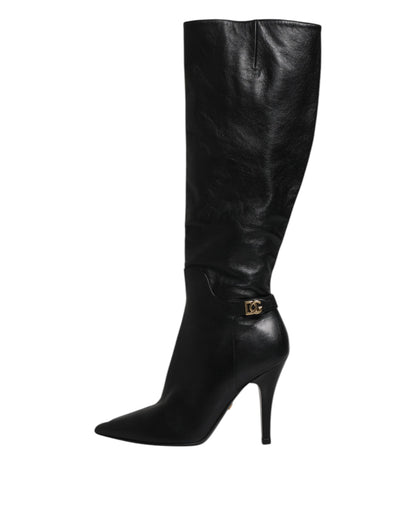 Dolce & Gabbana Black Leather Heels Knee-High Boots – Luxury Designer Footwear