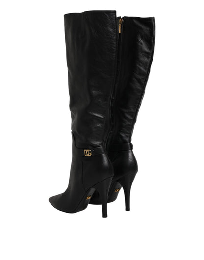 Dolce & Gabbana Black Leather Heels Knee-High Boots – Luxury Designer Footwear