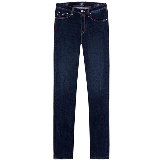 Tramarossa Men's Dark Blue Cotton Jeans with Red Suede Logo Patch