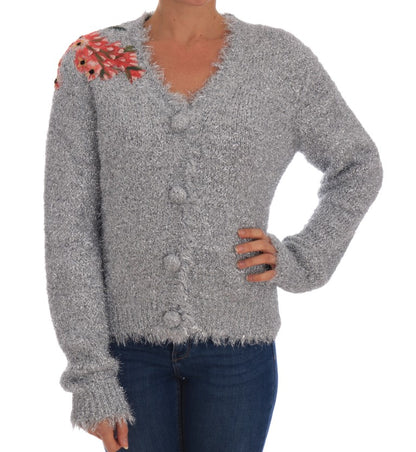  - Elegant Silver Floral Applique Cardigan