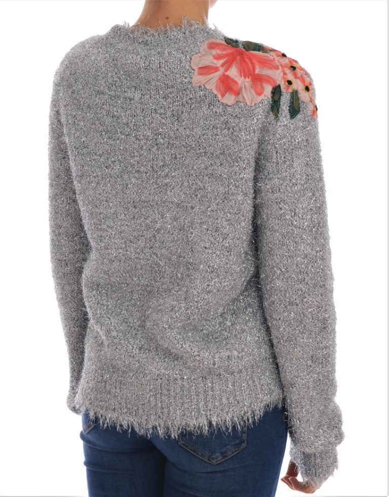  - Elegant Silver Floral Applique Cardigan