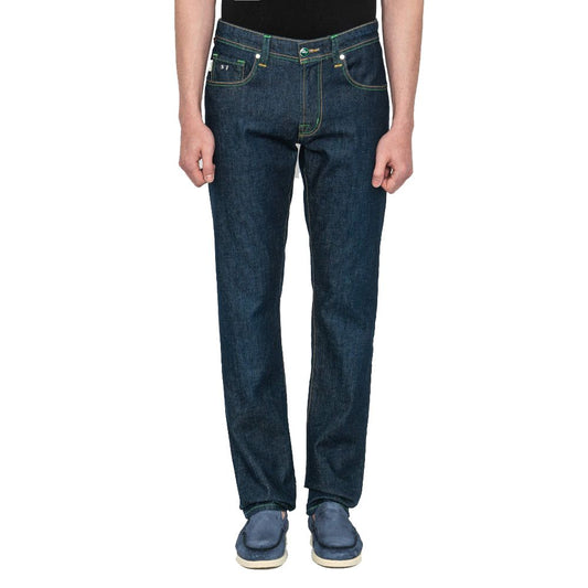  - Tramarossa Men's Blue Cotton Jeans with Green Stitching & Suede Logo Patch
