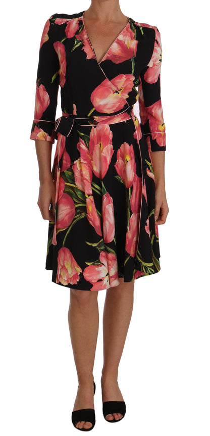  - Elegant Black Shift Dress with Pink Tulips Print