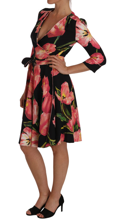  - Elegant Black Shift Dress with Pink Tulips Print