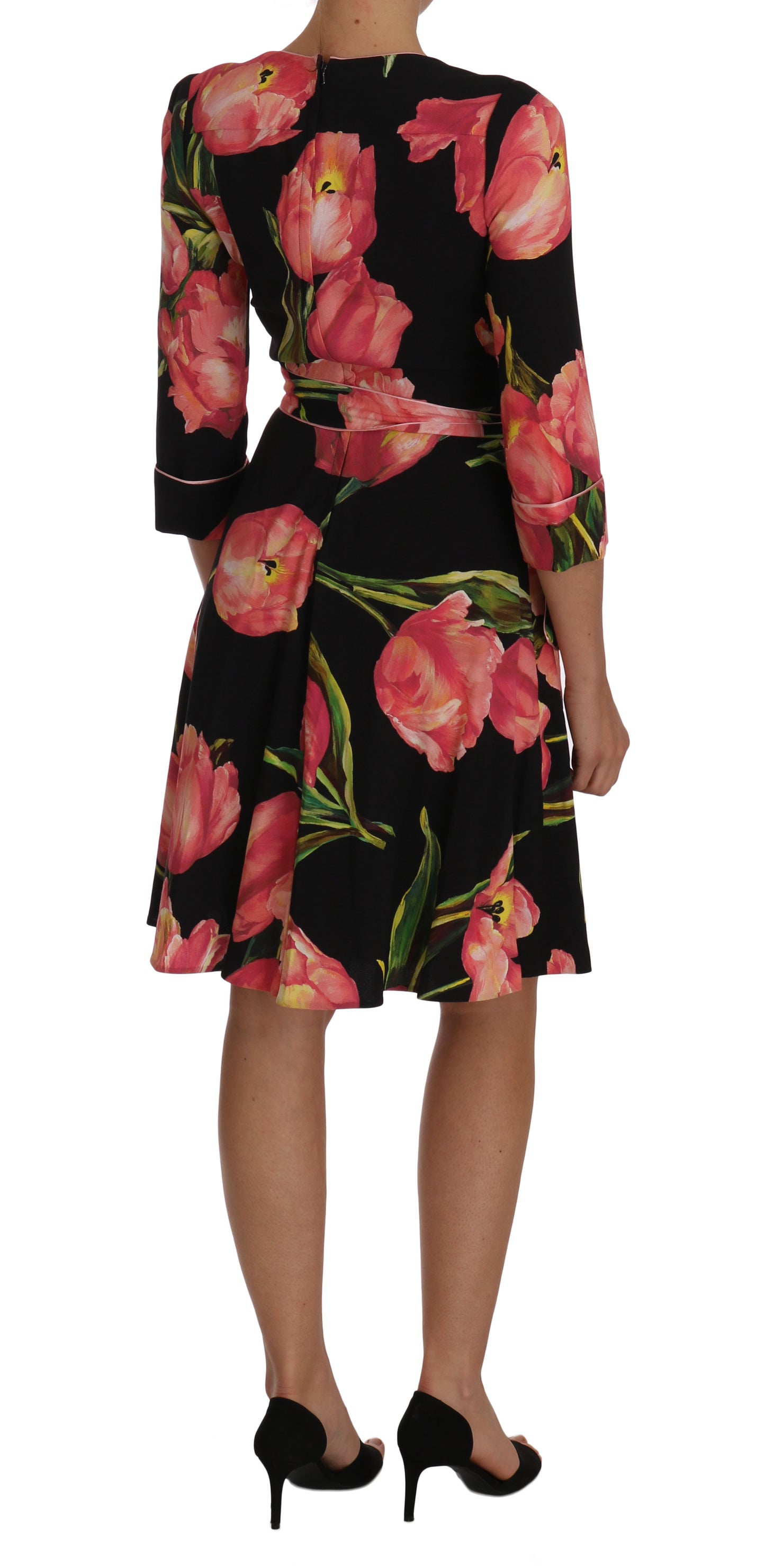  - Elegant Black Shift Dress with Pink Tulips Print