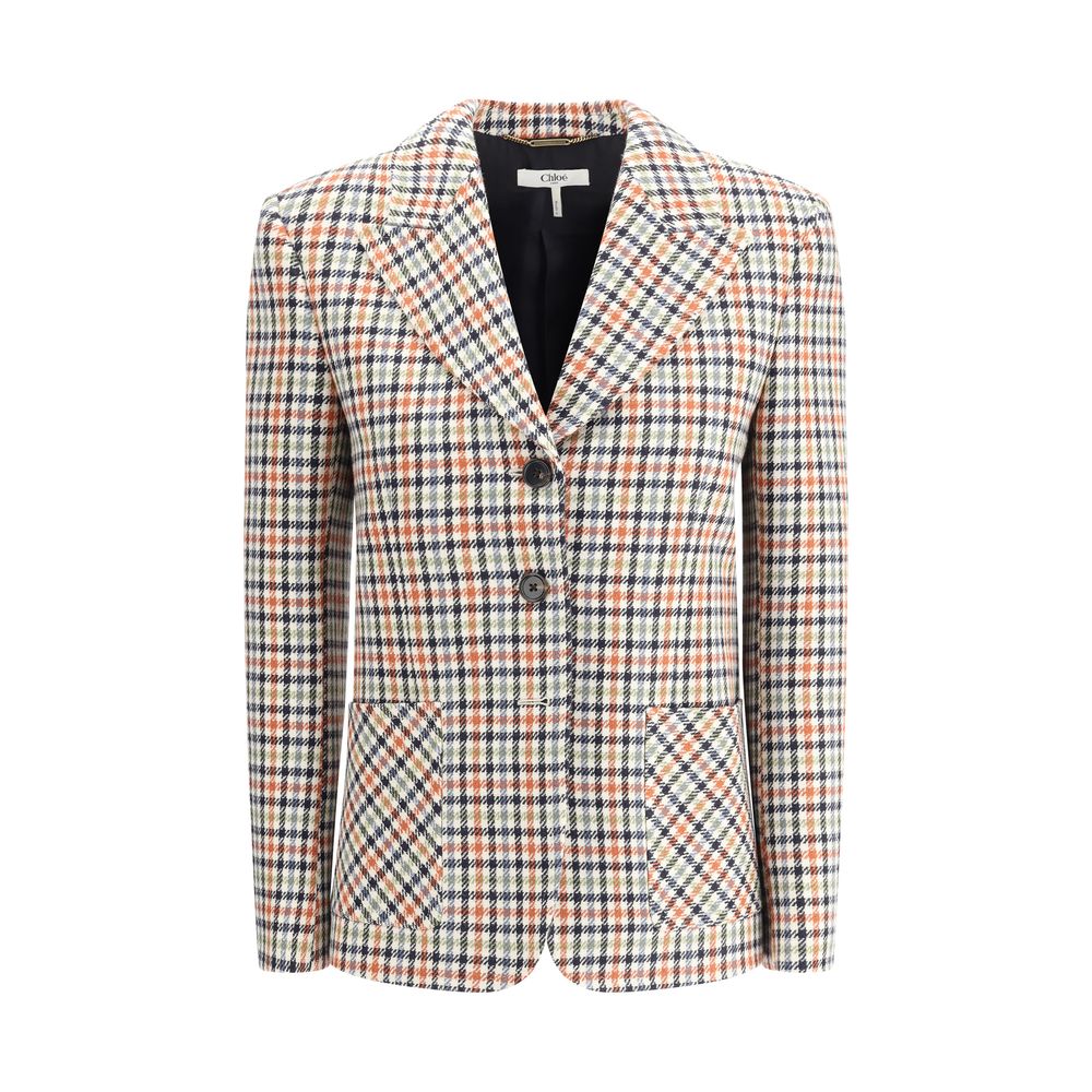 Chloé Virgin Wool Blazer Jacket in Check Pattern with Peaked Lapels