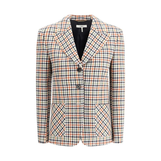 Chloé Virgin Wool Blazer Jacket in Check Pattern with Peaked Lapels