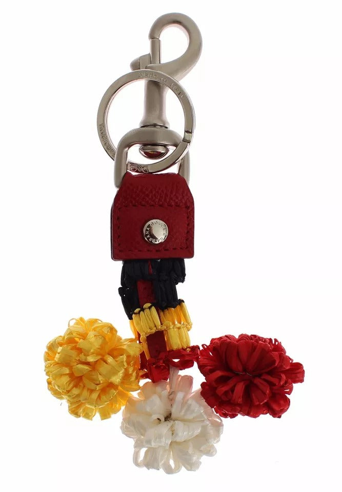 Dolce & Gabbana Silver & Brown Raffia Leather Keyring – SICILY Clasp Chain Keychain