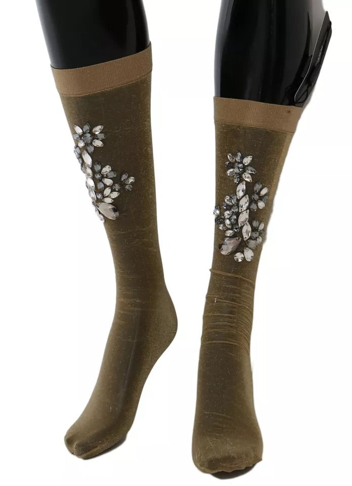 Dolce & Gabbana Gold Crystal-Embellished Floral Stockings – Made in Italy