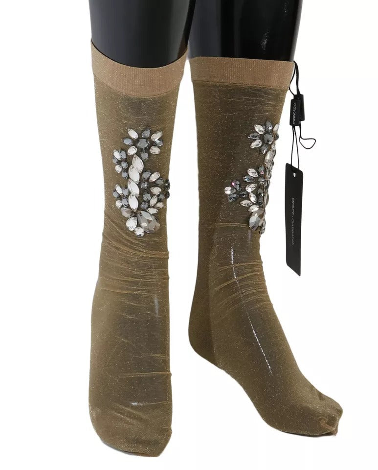 Dolce & Gabbana Gold Crystal-Embellished Floral Stockings – Made in Italy