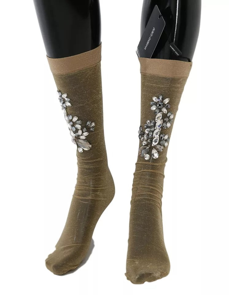 Dolce & Gabbana Gold Crystal-Embellished Floral Stockings – Made in Italy