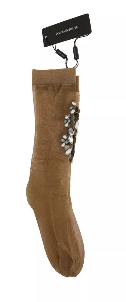 Dolce & Gabbana Gold Crystal-Embellished Floral Stockings – Made in Italy