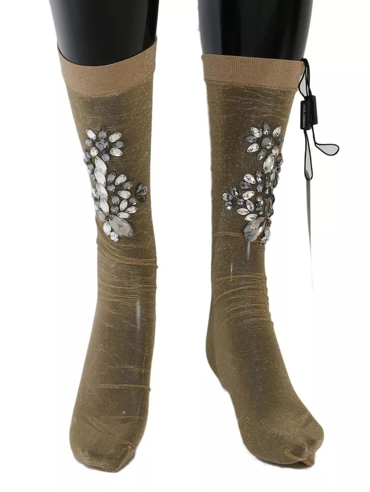 Dolce & Gabbana Gold Crystal-Embellished Floral Stockings – Made in Italy