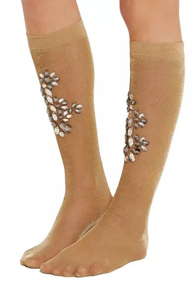 Dolce & Gabbana Gold Crystal-Embellished Floral Stockings – Made in Italy