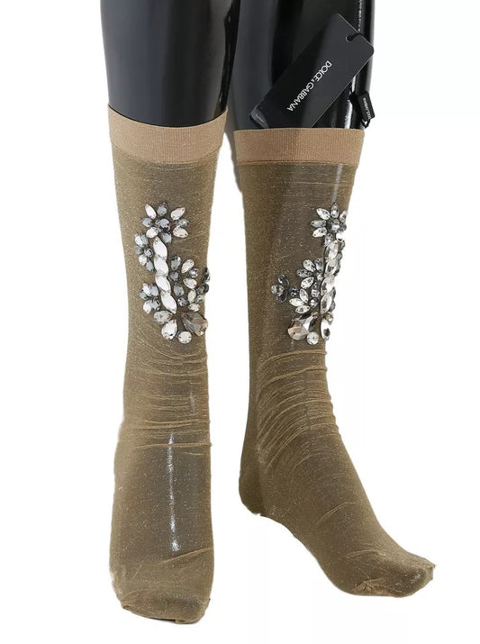 Dolce & Gabbana Gold Crystal-Embellished Floral Stockings – Made in Italy