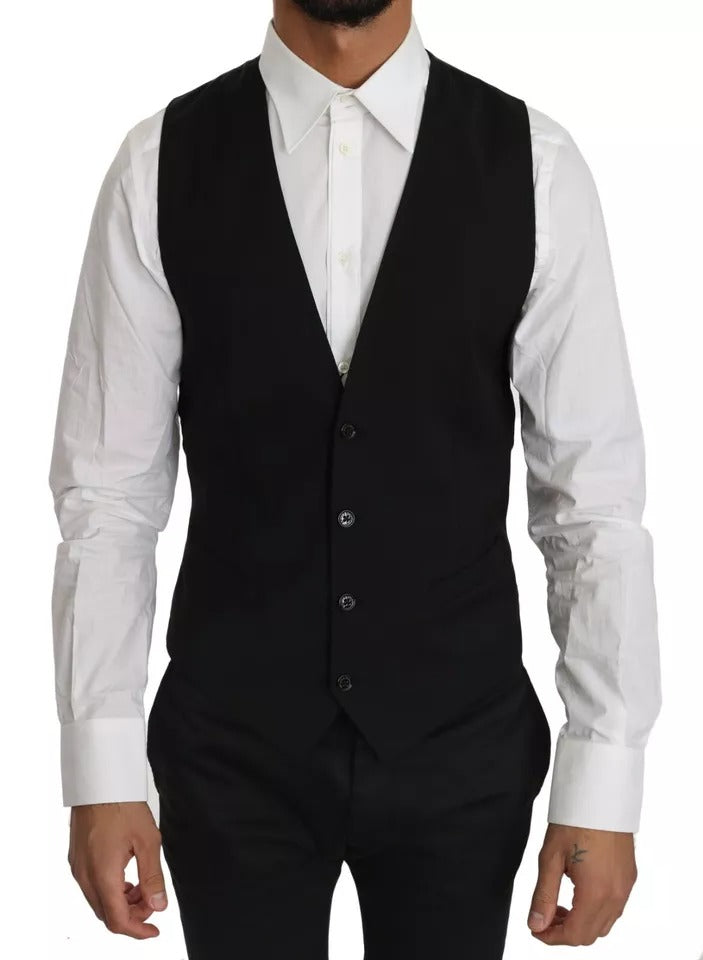 Dolce & Gabbana Staff Black Wool Logo Slim Fit Waistcoat Vest – Made in Italy