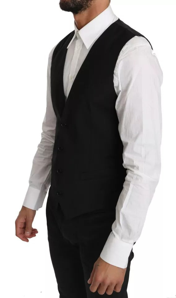 Dolce & Gabbana Staff Black Wool Logo Slim Fit Waistcoat Vest – Made in Italy