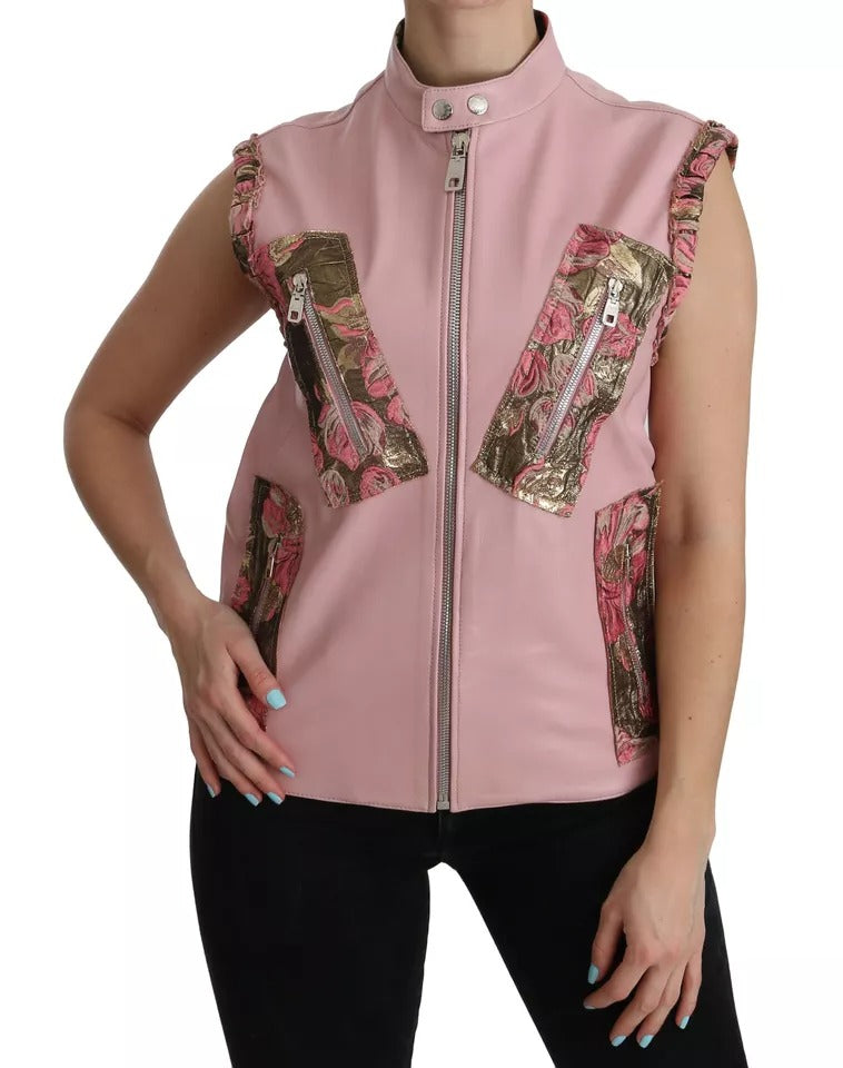 Dolce & Gabbana Pink Leather Biker Style Sleeveless Jacket