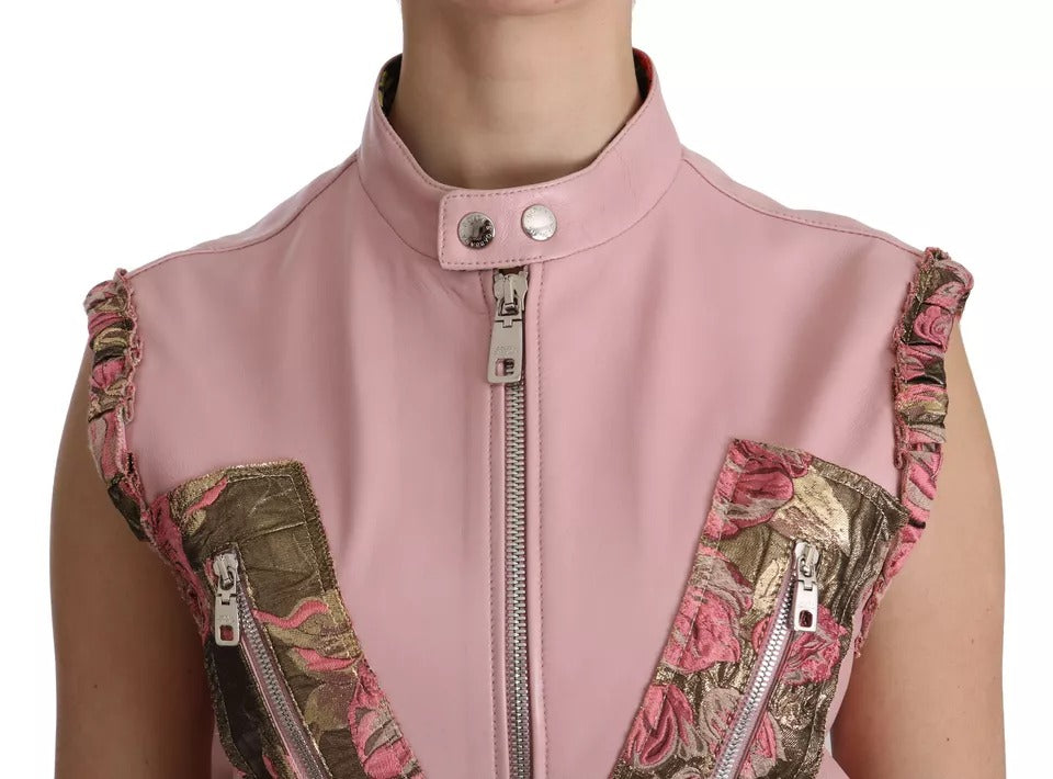 Dolce & Gabbana Pink Leather Biker Style Sleeveless Jacket