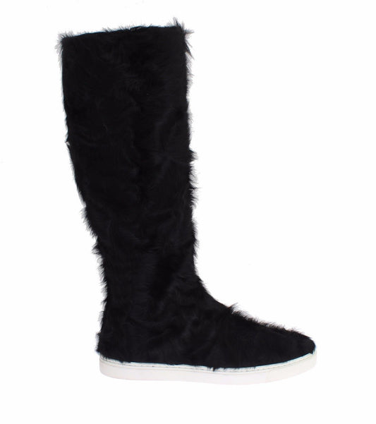  - Elegant Black Fur Leather Flat Sneaker Boots