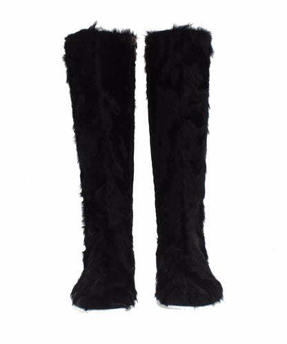  - Elegant Black Fur Leather Flat Sneaker Boots